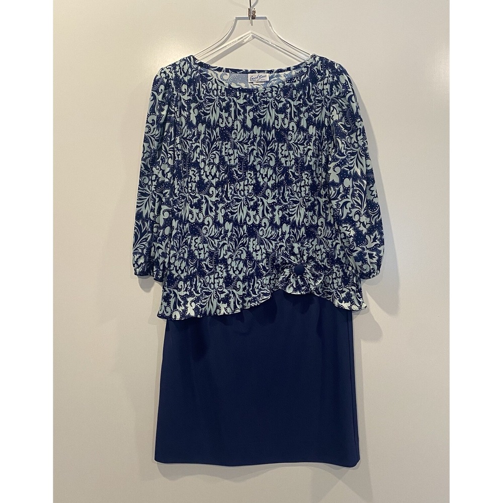 Vintage Good Times Navy Blue Floral Damask Pleated Dress Made in USA Size 11/12